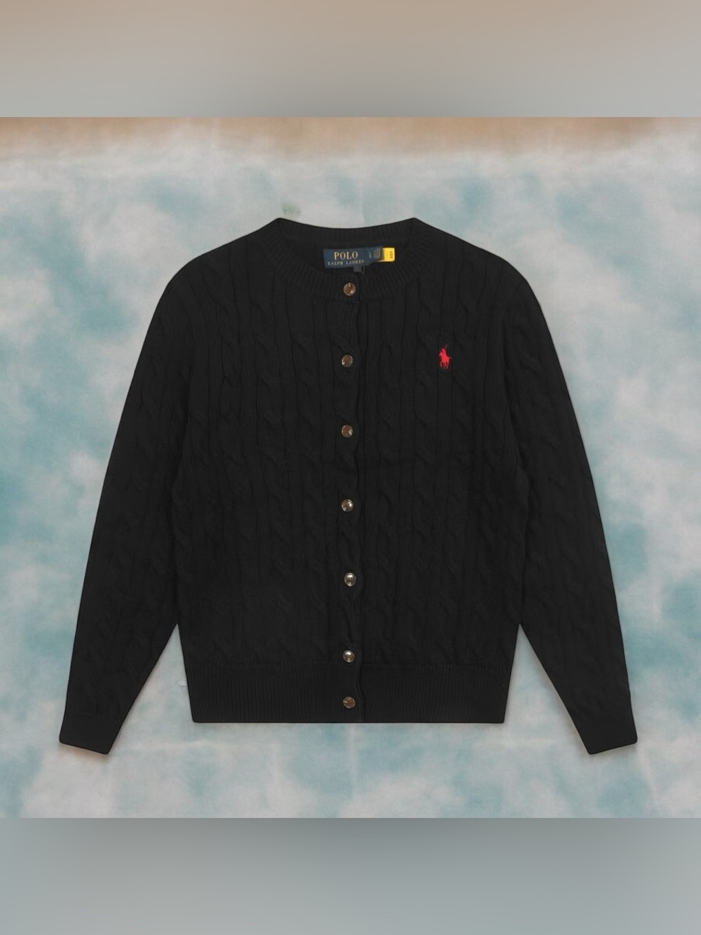 🍦Ralph Lauren Black Cable-Knit Cardigan with Red Pony Logo